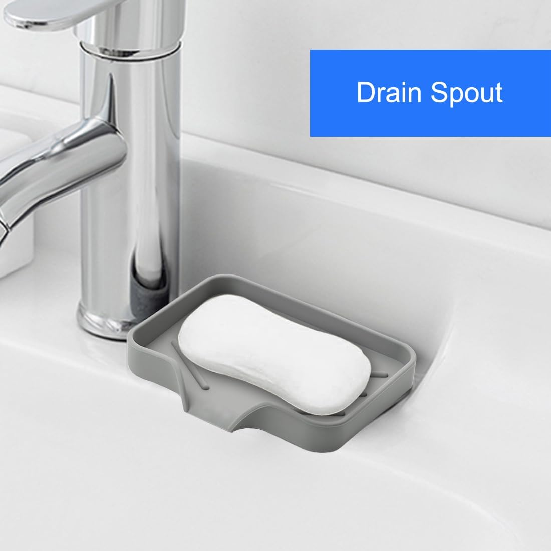 Sponge Holder with Drain Spout, Silicone Sponge Tray for Kitchen Sink, Rubber Soap Dish for Shower Bathroom (Grey, 4.7" x 3.6")