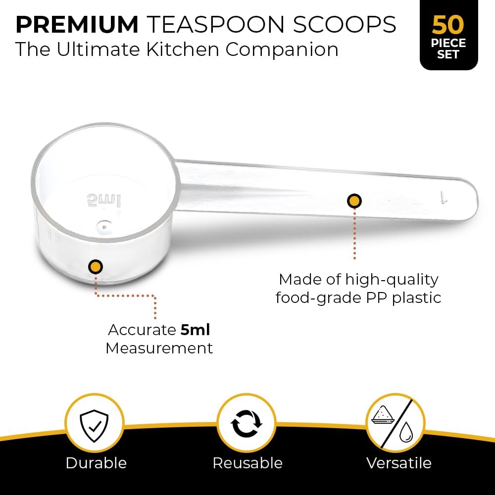 50 Measuring Spoons Set with Short Handle - 1 Teaspoon (5 ML) Clear Plastic Scoops for Creatine, Coffee, Grains, Spices, Powders, and Other Dry Goods, BPA Free, Kitchen Tools Measure, Fits in Jars
