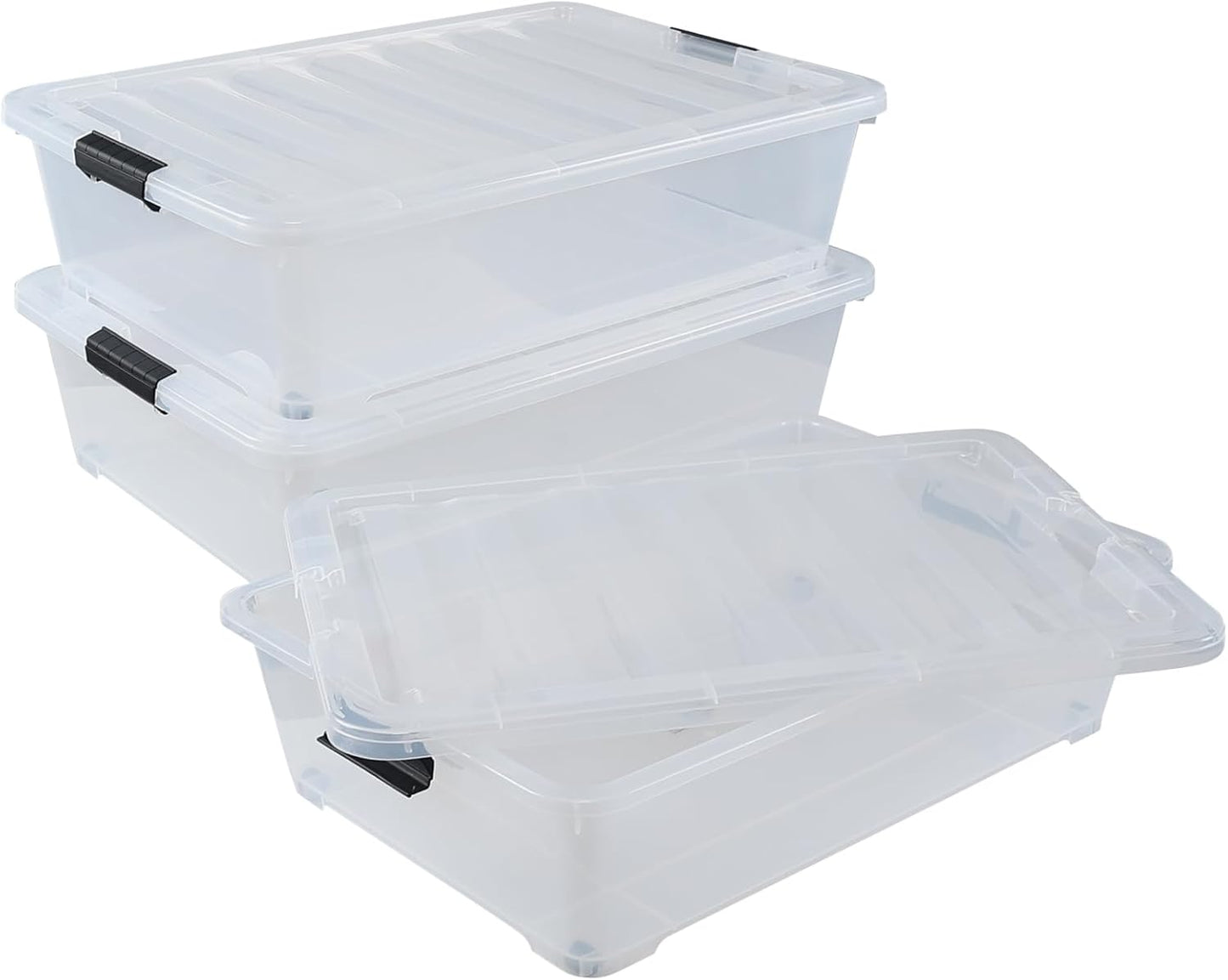 50 Quart Wheeled Latching Storage Box, Stackable Bin with Latch Lid, Plastic Container to Organize Shoes Underbed (3 Pack)
