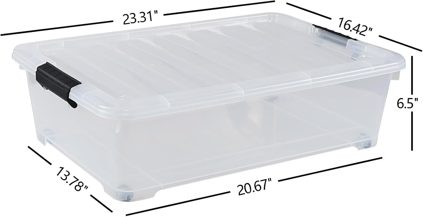 4-Pack 25 Quart Under Bed Plastic Storage Bins, Clear Under Bed Storage Box Container with Wheels