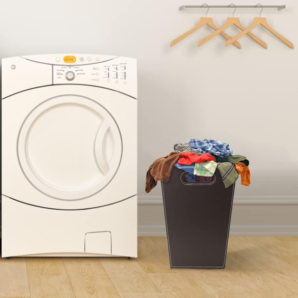 KINGFOM Classic Pu Leather Trash Can Wastebasket, Garbage Container Bin with Handles for Bathrooms, Powder Rooms, Kitchens, Home, Office and and High Class Hotel Square Brown