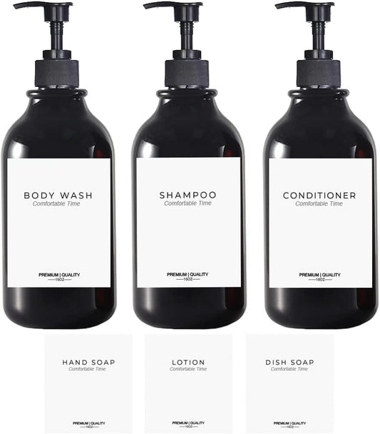 3 Pack of Shampoo and Conditioner Bottles - Apothecary Dispenser Bottle for Bathroom and Kitchen, Refillable Shampoo Bottles for Shampoo Lotion Oil Shower Soap Hand Soap and Dish Soap (Black)