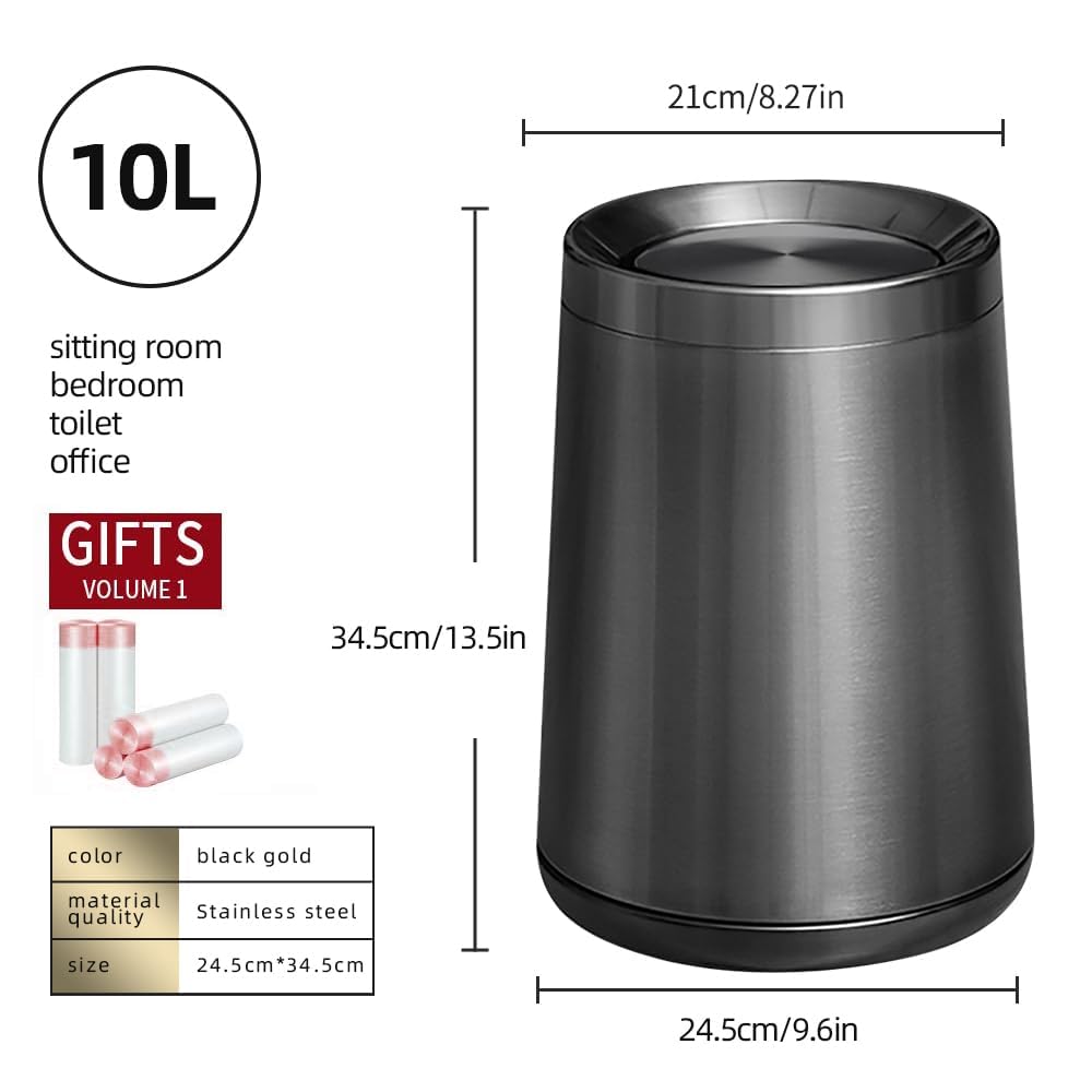 10 L/2.6Gallen,Swing Lid Trash Can,Brushed Stainless Steel Garbage Can with Flipping Lid,for Bathroom, Kitchen,Living Room,Bedroom,Hotel (Black Gold)