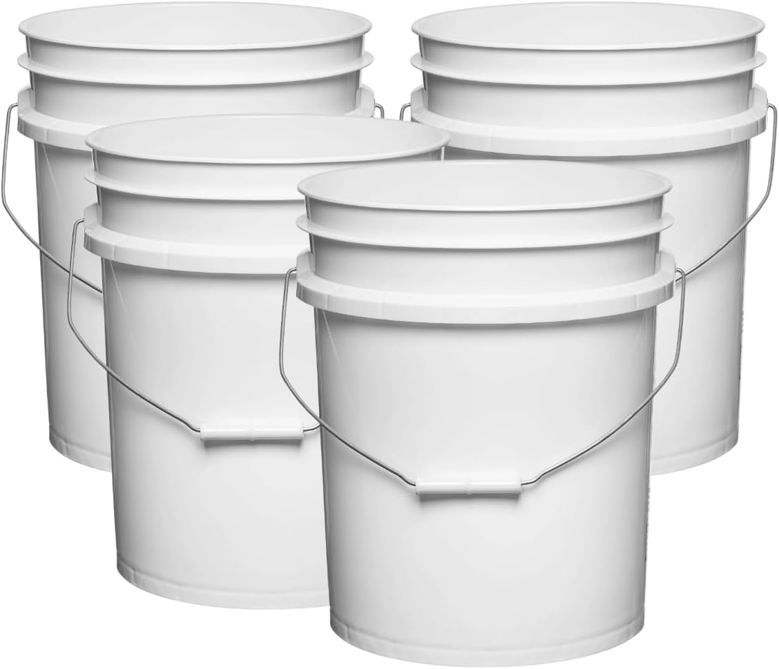 House Naturals 5 Gallon Premium HPDE Plastic Bucket - Made in USA Food Grade Storage Container, BPA Free All Purpose Pail (4, White)