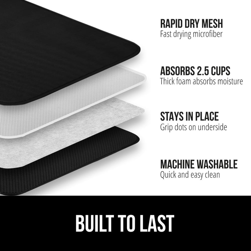 GORILLA GRIP Ultra Water Absorbent Microfiber Dish Drying Mat, 18x24, Quick Dry Thick Mesh, Slip Resistant Pad for Sink Dishes or Under Rack, Kitchen Counter Accessories, Machine Wash, 2 Pack Black