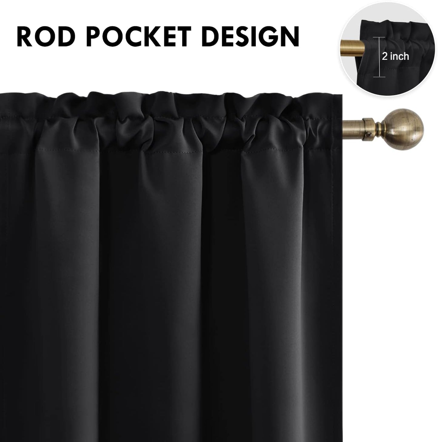 DWCN Blackout Curtains for Bedroom – Thermal Insulated Energy Saving Drapes for Living Room, Black, W 38 x L 84 Inch, Set of 2 Rod Pocket Curtain Panels
