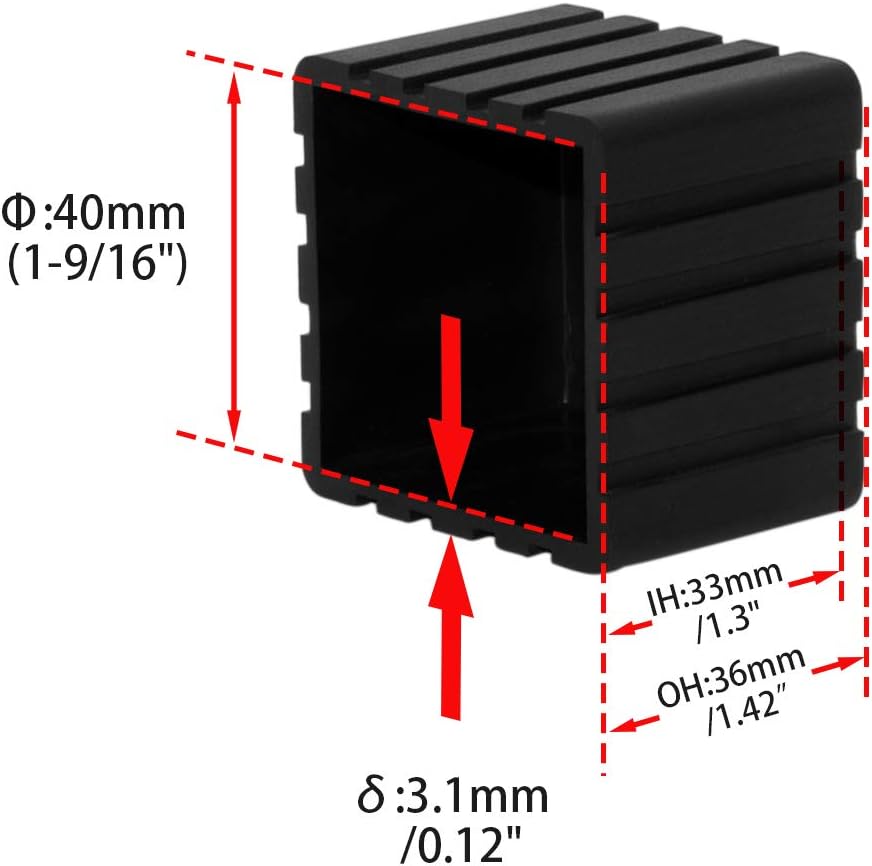 Flyshop Anti-Skid Non-Marking Synthetic Rubber Patio Chair Table Leg Caps Square Furniture Covers 20pcs, Black, 40 mm x 40 mm, 1-9/16" x 1-9/16"
