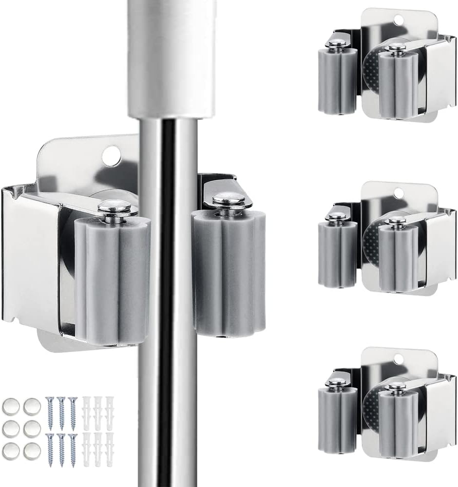 3PCS Broom and Mop Holder, Heavy Duty Garden Tool Organizer Rack Rake and Shovel Handle, Stainless Steel Mop Hanger. Wall Mounted Utility Rack with Screws, Silver.
