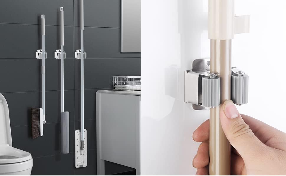 9PCS Broom and Mop Holder, Heavy Duty Garden Tool Organizer Rack Rake and Shovel Handle, Stainless Steel Mop Hanger. Screws for Wall Mounted. Matte Black