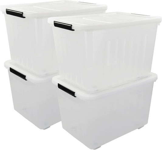 4 Packs 70L Large Plastic Storage Container with Wheels and Latching Lid, Stackable Storage Containers Bin, Clear