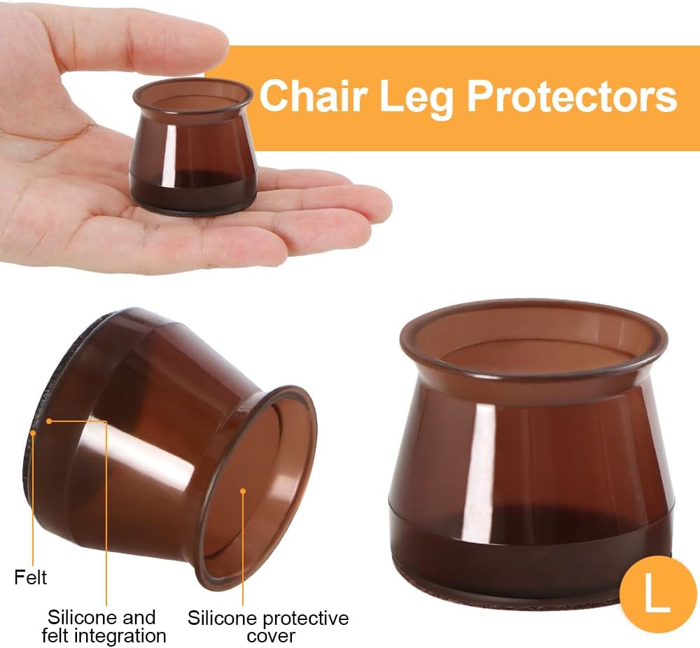 32 Pcs Silicone Chair Leg Floor Protectors for Hardwood Floors, Brown Felt Bottom Chair Leg Covers, Free Moving Table Leg Covers, Stool Leg Protectors Caps（Large fit : 1.3'' - 2''）