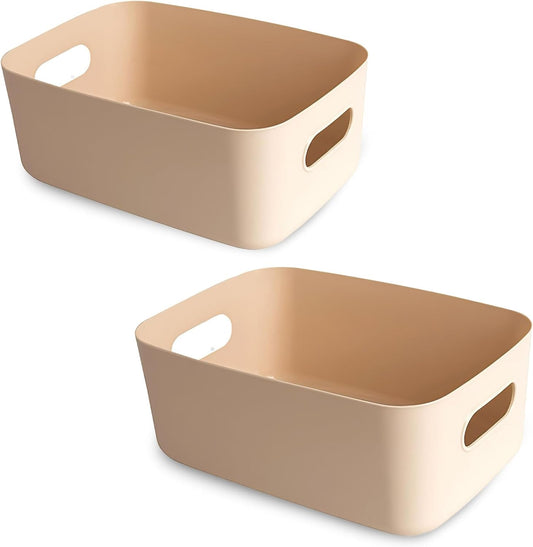 COVRA 2-Pack Plastic Storage Bins, Small Storage Baskets, Organizers for Home & Office, 9.6 x 6.3 x 4.7 Inches (Brown)