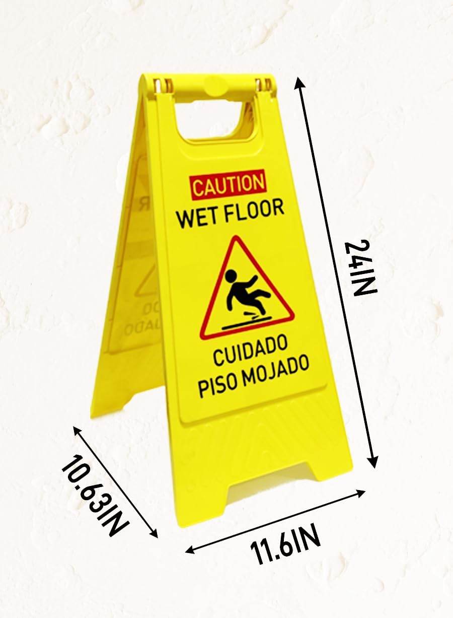 1-Pack Caution wet floor sign, 24 in. (approx. 60 cm) Height,Bright Yellow Double-Sided Folding A-Shaped Frame Design, Bilingual Caution Message