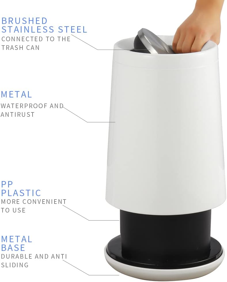 Household Swing White Bathroom Trash Can，Brushed Stainless Steel，10 L/3 Gallen，Garbage Can with Flipping Lid， for Indoor or Commercial Use, Kitchen,Modern，Living Room,Bedroom