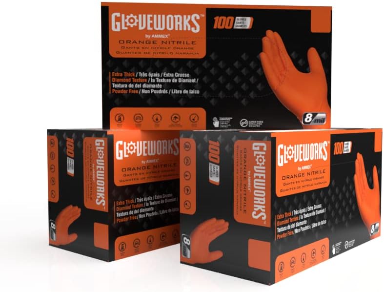 GLOVEWORKS Heavy-Duty Nitrile Gloves, Disposable, Latex Free, 8 Mil, Orange, Diamond Grip Glove