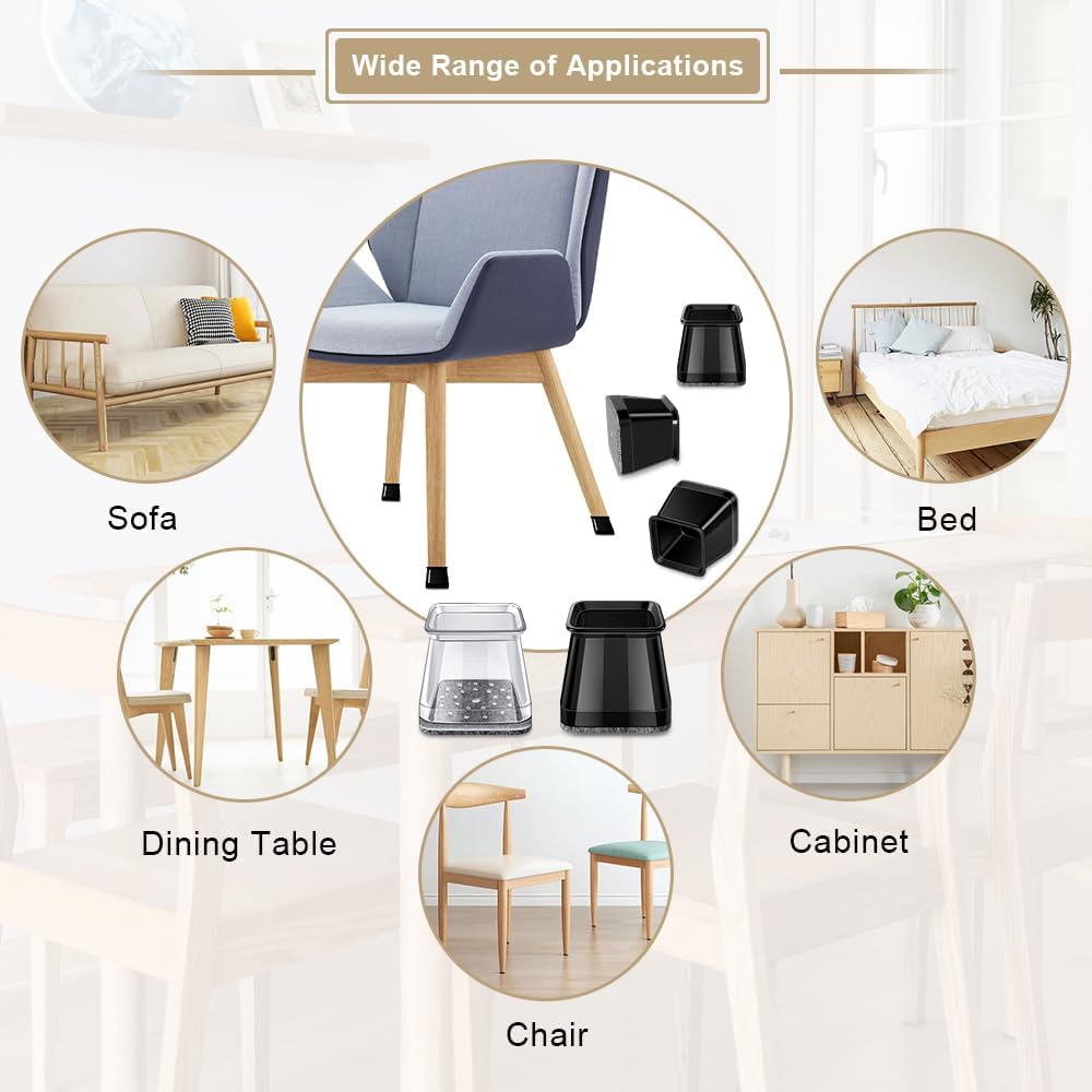 32 Pcs Square Chair Leg Protectors for Hardwood Floors,Felt Furniture Floor Protectors with Silicone Caps, Small Size (Fits Chair Legs with Side Length: 3/4" to 1")