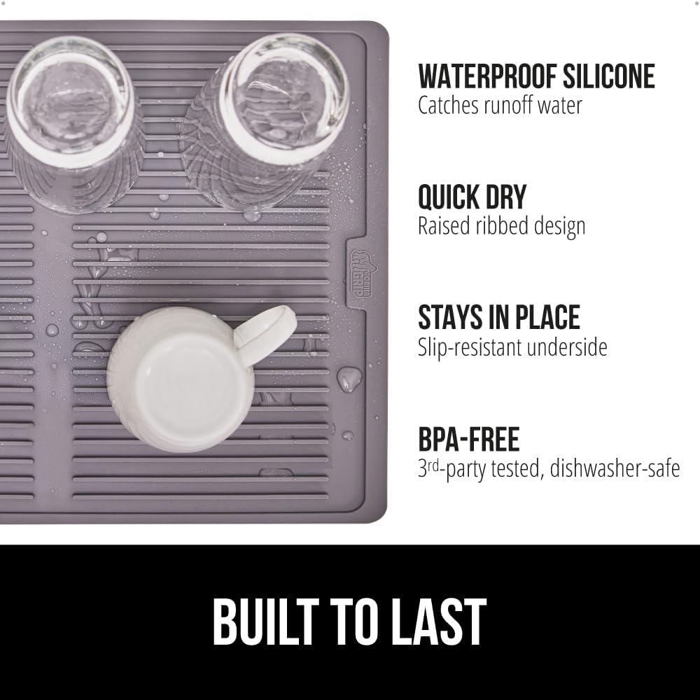 GORILLA GRIP 100% BPA-Free Patented Silicone Dish Drying Mat for Kitchen Counter, Water Catching Ribbed Design, Easy Clean Waterproof Sink Liner, Heat Resistant, Fits Under Rack, 16x12 Inch, Gray