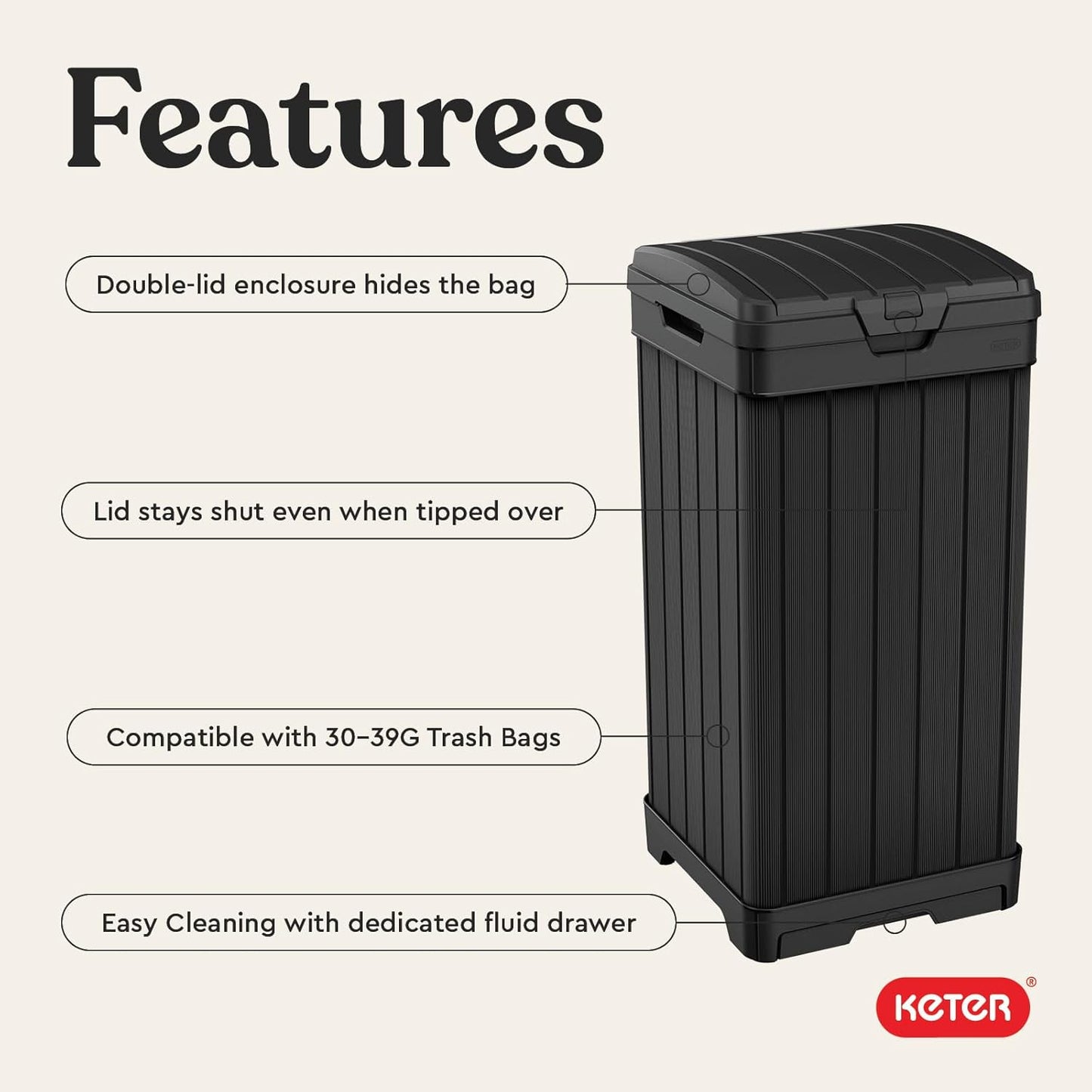 Keter Baltimore Resin 38 Gallon Outdoor Kitchen Trash Can with Lid and Drip Tray for Easy Cleaning-Perfect for Patio Dining, Black