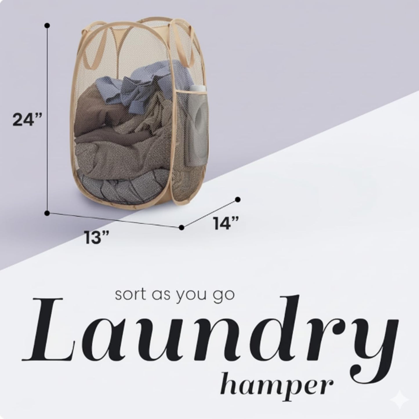 Handy Laundry Collapsible Mesh Pop Up Hamper with Wide Opening and Side Pocket - Breathable, Sturdy, Foldable, and Space-Saving Design for Clothes and Storage (Beige)