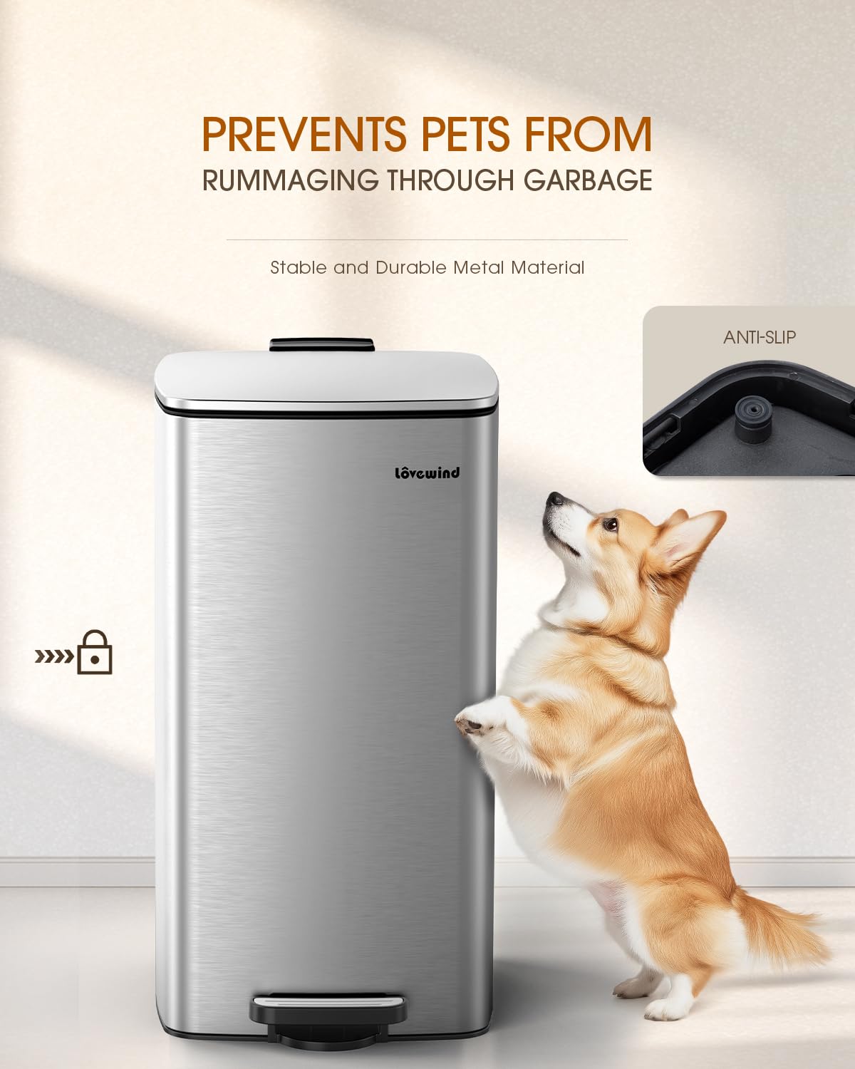 Lovewind Kitchen Trash Can with Lid, 8 Gallon/30 L Footstep Garbage Can for Kitchen Bedroom Home Office, 30 Liter Trash Bin Brushed Stainless Steel Waste Bin with Soft-Close Lid,Silver