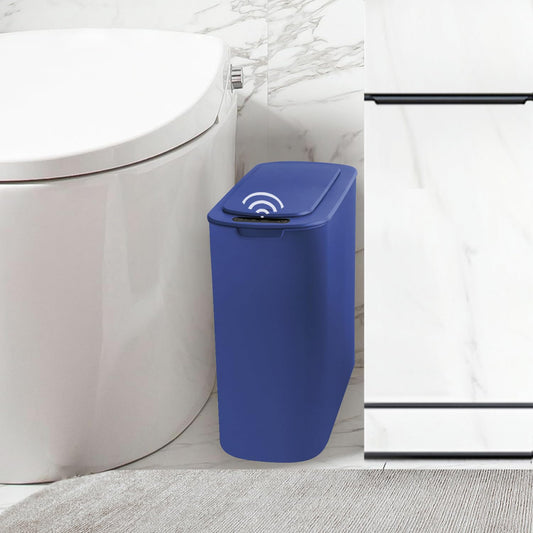 Automatic Motion Sensor Bathroom Trash Can with Lid, 2.6 Gallon Touchless Trash Bin, Smart Garbage Can Plastic Slim Wastebasket for Bedroom, Office, Dorm (Blue)