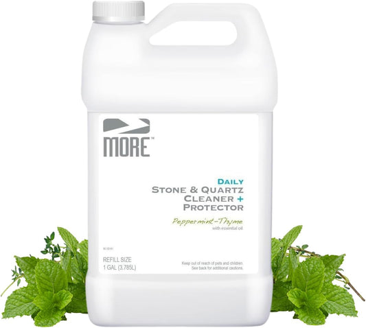 MORE Stone & Quartz Cleaner + Protector - Water-Based Surface Care Spray Refill - For Kitchen & Bathroom Countertops - Daily Cleaner/Protector - Peppermint-Thyme Essential Oil - 128oz