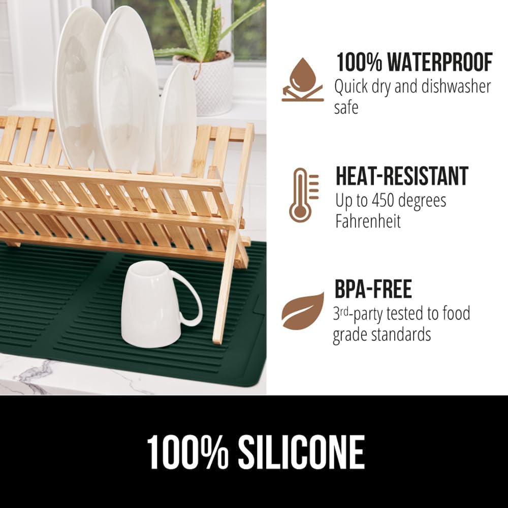 GORILLA GRIP 100% BPA-Free Silicone Dish Drying Mat for Kitchen Counter, 18x16, Quick Dry, Water Catching Ribbed Design, Easy Clean Waterproof Sink Liner, Heat Resistant, Fits Under Rack, Hunter Green