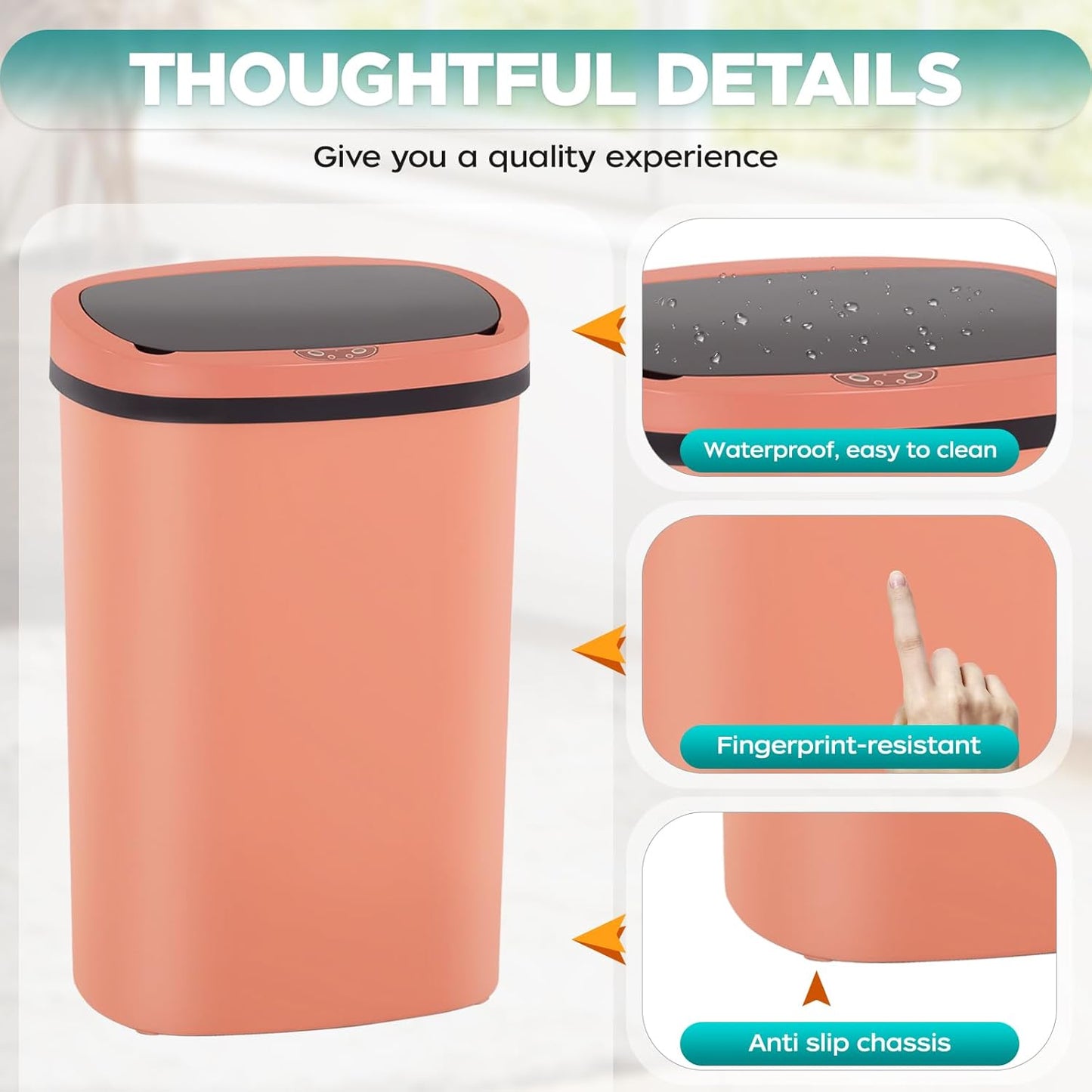 Automatic Motion Sensor Bathroom Trash Can with Lid, 13 Gallon Touchless Trash Bin, Smart Dog Proof Garbage Can, Touch Free Waste Basket for Toilet, Office, Bedroom,Pink