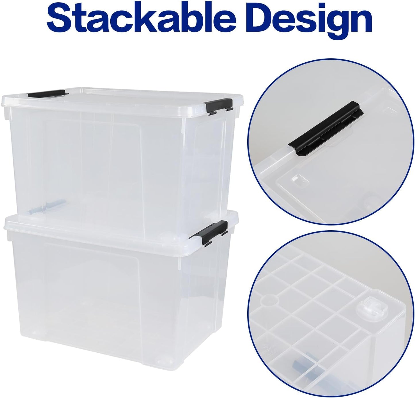 50 L Large Plastic Storage Bins with Latching Lids and Wheels, 4-Pack Clear Stackable Boxes for Closet, Garage