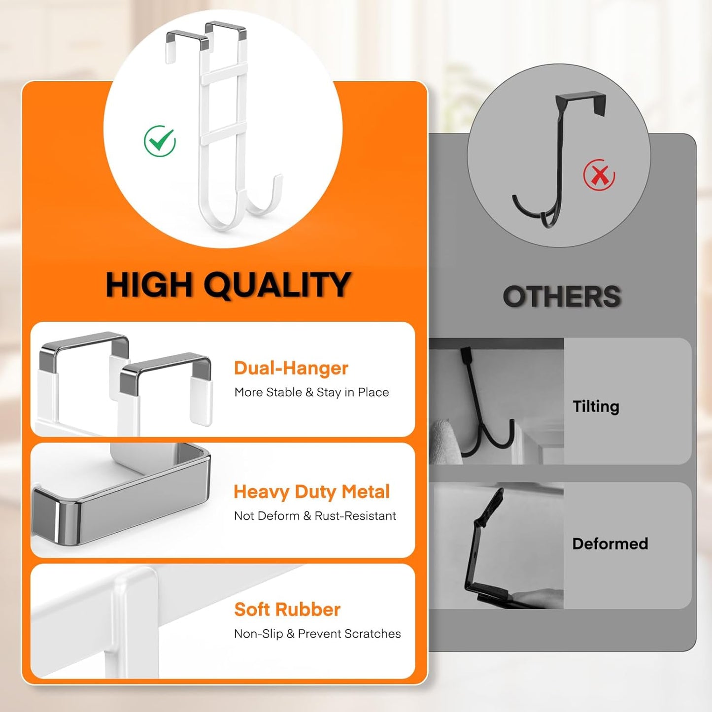 FYY Over The Door Hooks - 4 Pack Heavy Duty Dual-Hook Organizer Hanger with Non-Slip Rubber for Towels, Clothes, Hats & Bags Use in Bathroom, Bedroom, Kitchen - Fits Interior Doors Up to 1.6" White