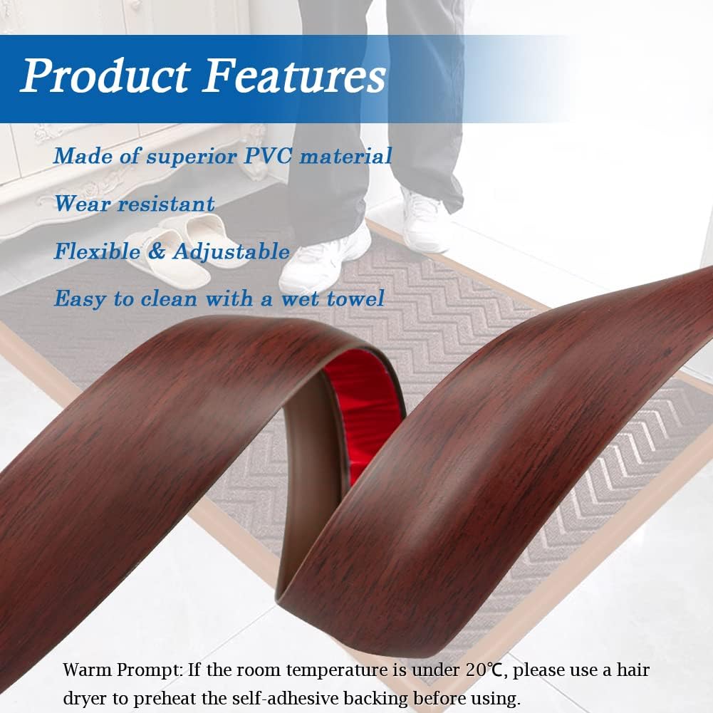 Floor Transition Strip Self Adhesive Carpet & Flooring Transitions Edging Trim Strip PVC Threshold Transitions Suitable for Threshold Height Less Than 5mm (3.3Ft, Wood Grain Coffee)