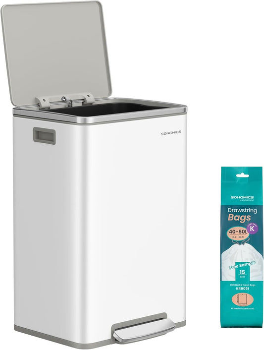SONGMICS Trash Can, 13-Gallon Gabbage Can, with 15 Trash Bags, Steel, with Soft-Close Lid, Removable Inner Bucket, Handles, Cloud White ULTB595W01V1