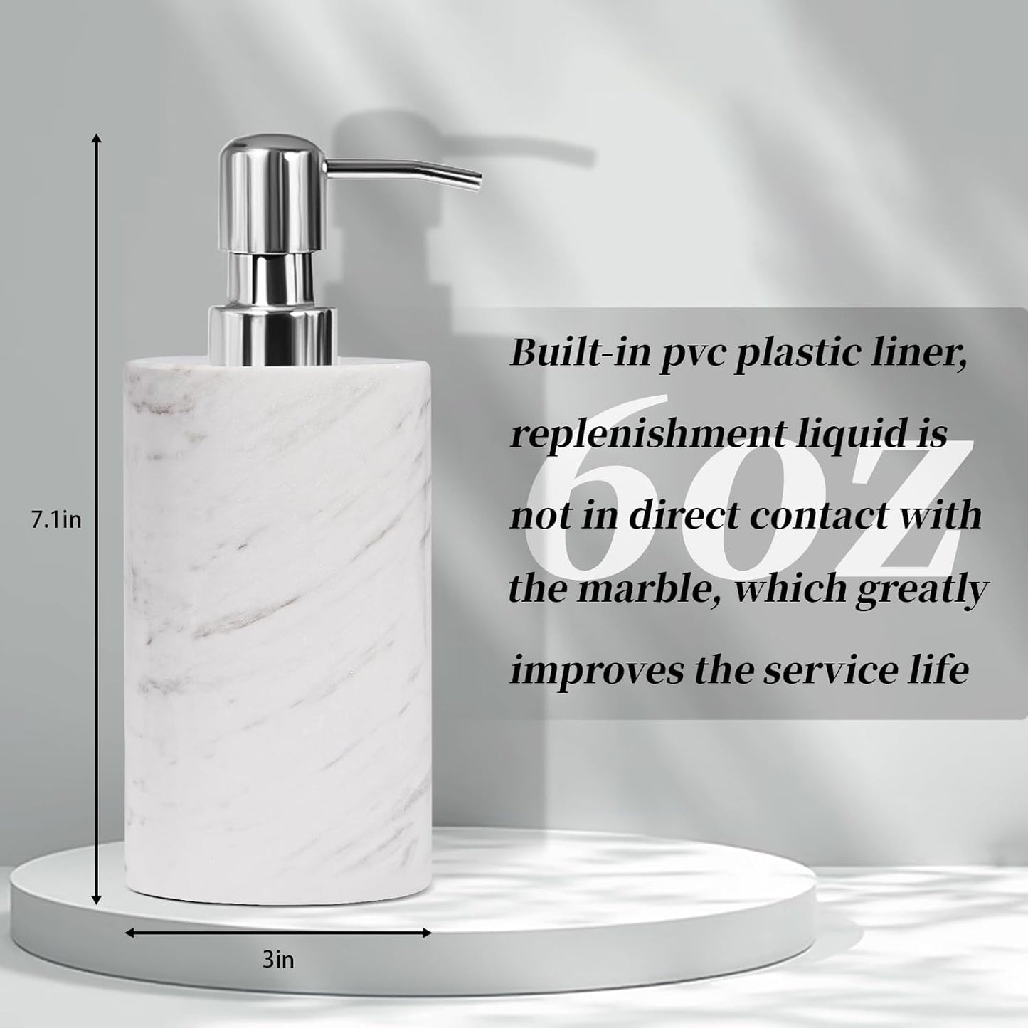 Marble Soap Dispenser with Stainless Steel Pump, White Hand Liquid Soap Dispenser, 6 Ounces for Bathroom