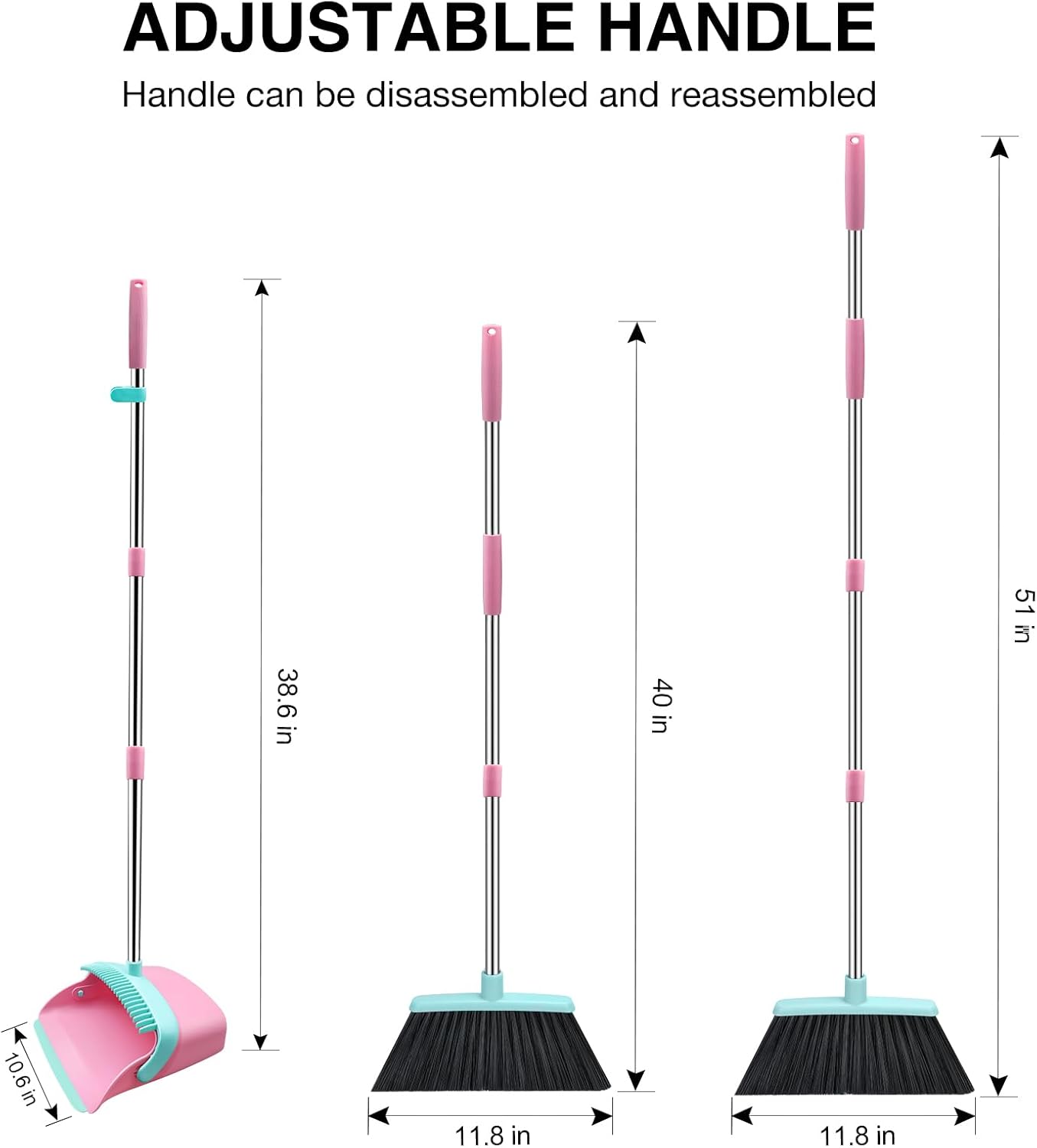 NACENA Broom and Dustpan Set, 52-in Long Adjustable Handle Broom Dustpan Combo with Dustpan Teeth to Automatically Clean Hair Suitable for Home Kitchen Office Hall Floor (Pink&Blue), 4 Pack