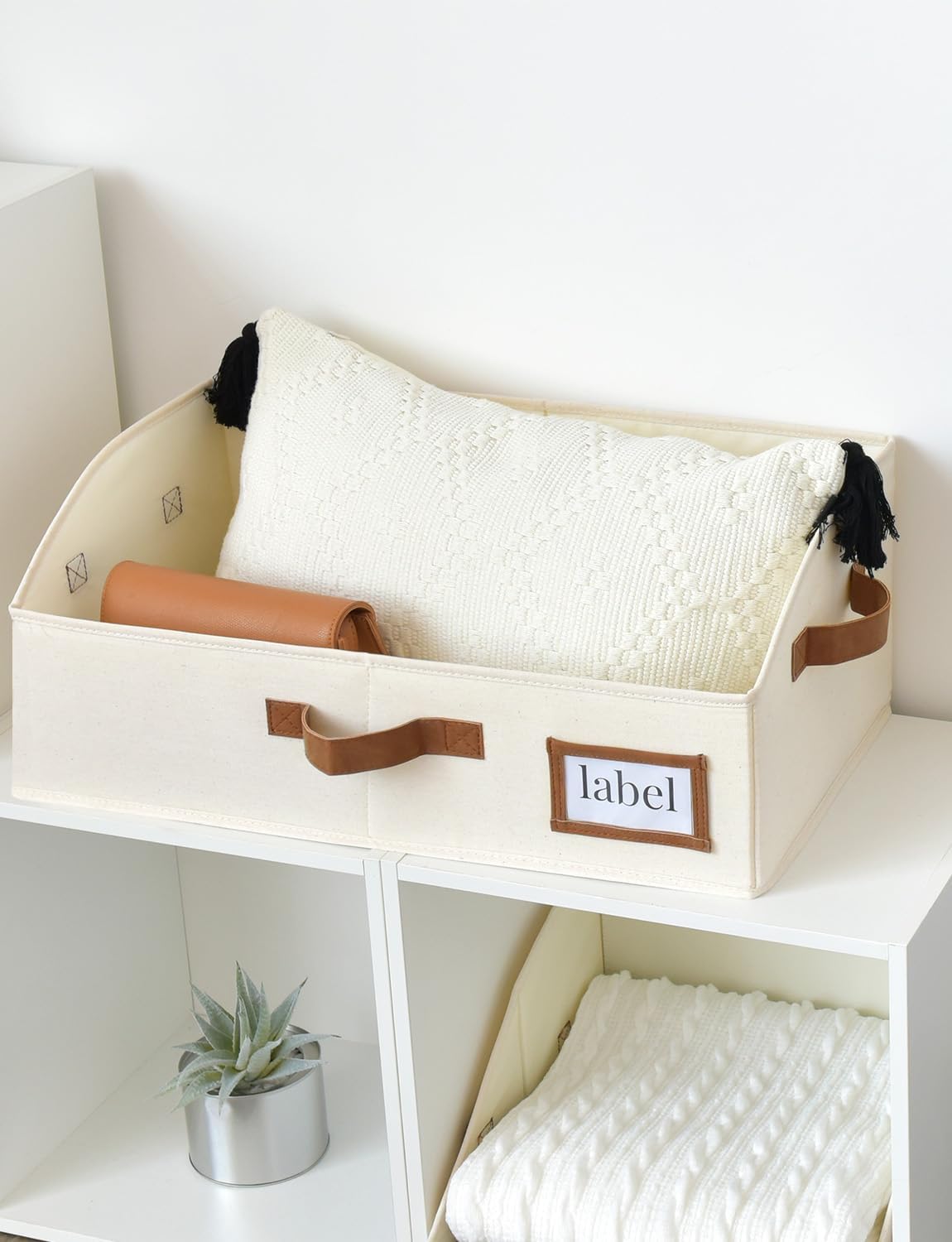 StorageWorks Closet Storage Bins, Trapezoid Organizer Box for Shelves, Fabric Clothes Bin, Foldable Organizing Baskets with Handles, Large, Ivory White, 3-Pack