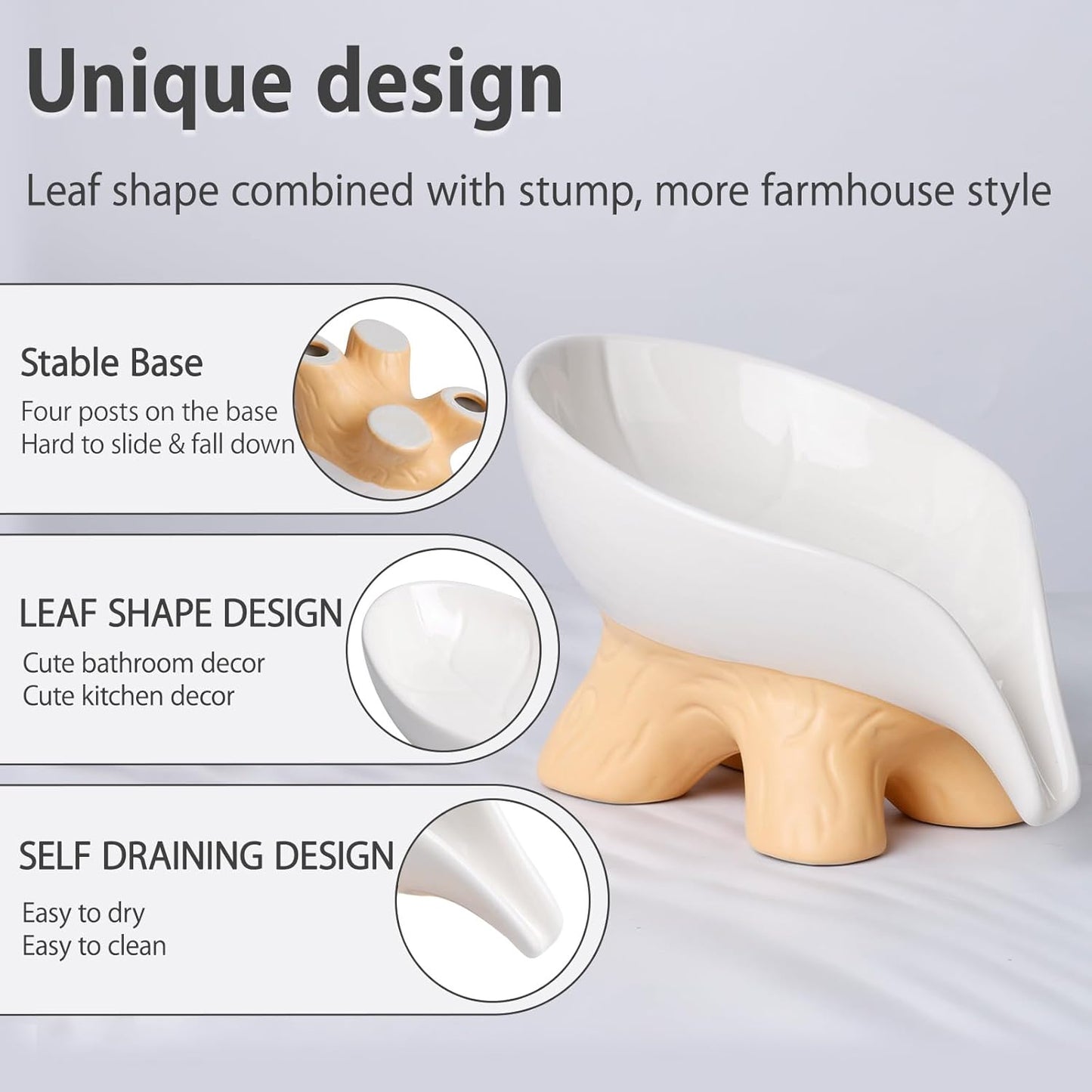 Soap Dish, Soap Holder Self Draining Leaf Shape Soap Dishes, Ceramic Draining Soap Dish for Bathroom Shower, White Farmhouse Soap Holder with Stump, ANTIS'S HOME