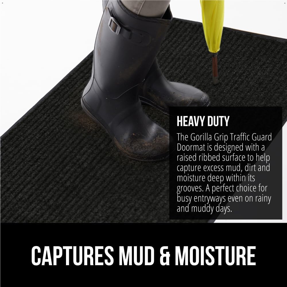 GORILLA GRIP Traffic Guard Door Mat, 60x36, Heavy Duty Welcome Mats, Commercial Office Space Doormat, Waterproof, Fade Resistant, Strong Rubber Backing, Low Profile, Shoe and Boot Scraper, Jet Black