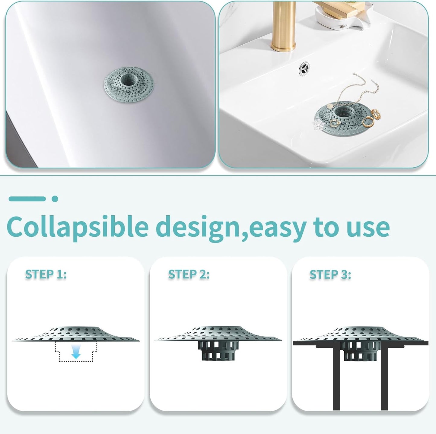 Shower Hair Drain Catcher, Silicone Bathtub Drain Hair Catcher Strainer, All-in-one Tub Hair Catcher Drain Protector for 1.48'' to 1.76'' Regular Drains, 3PCS/Greyish Blue