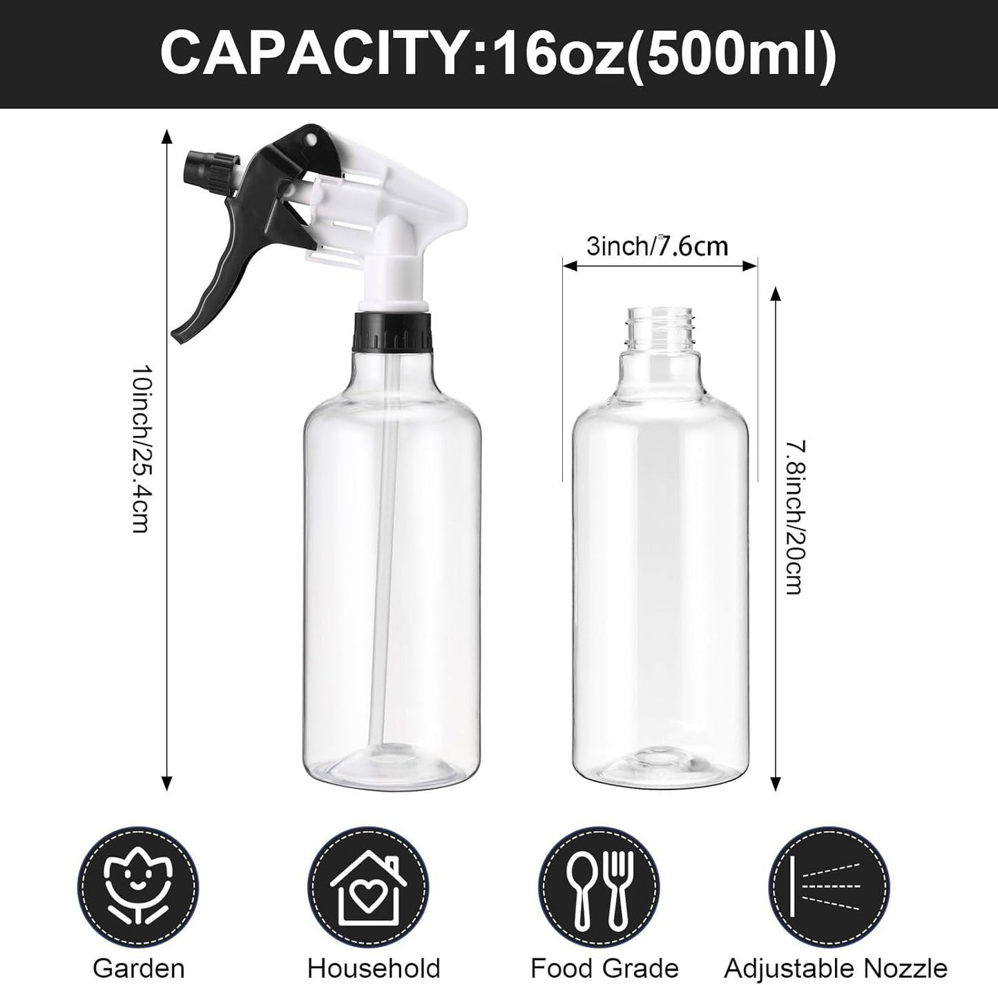 Eccliy 12 Pcs 16 Oz Plastic Spray Bottle, Adjustable Empty Reusable Sprayer for Cleaning, Planting, Water, Bathroom and Kitchen, BBQ, Commercial and Residential(Black,Clear)