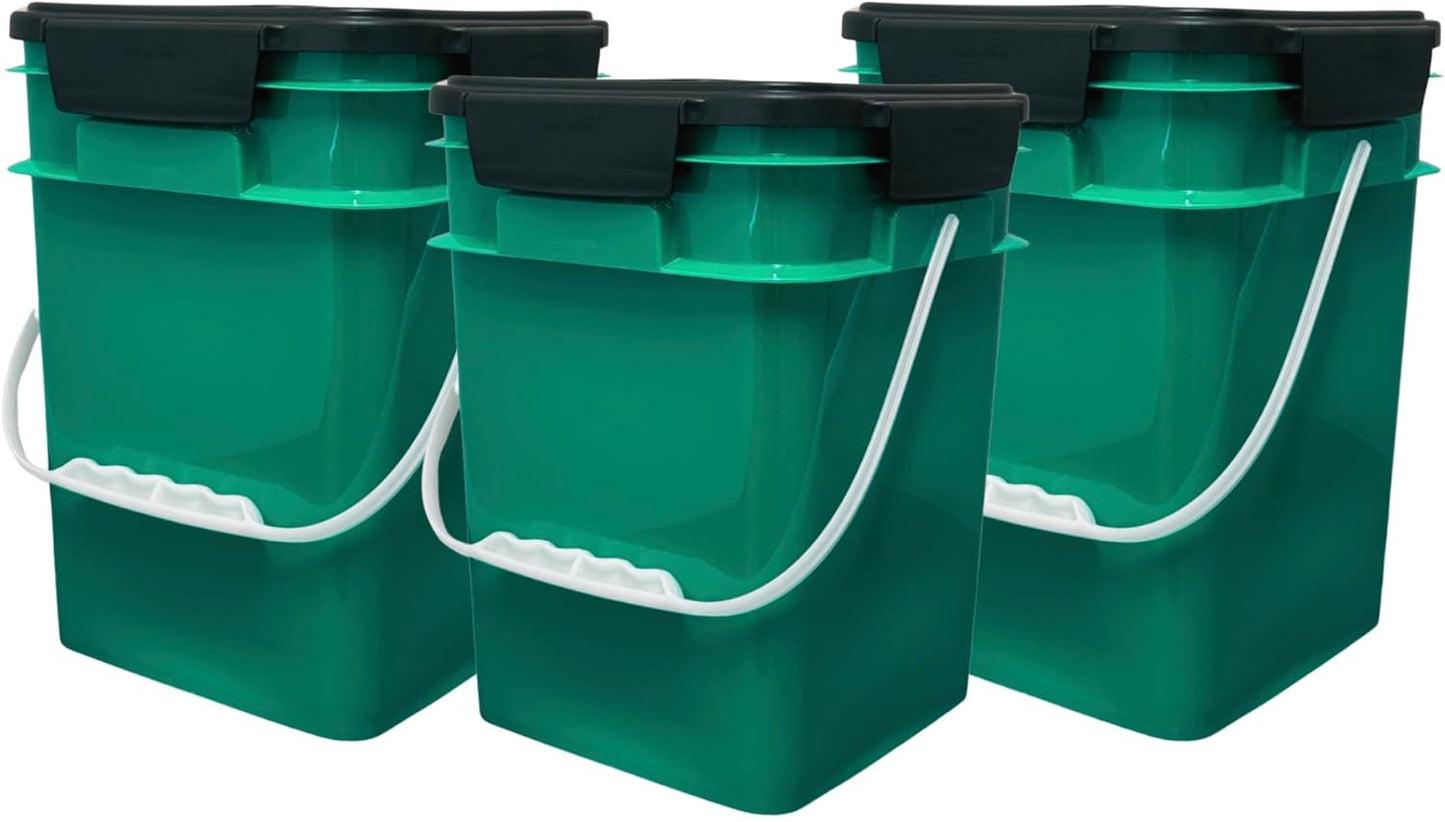 House Naturals 4 Gallon Square Food Grade Bucket Pail with Plastic Handles and Lid (Pack of 3) Made in USA containers (Dark Green - Black lids)