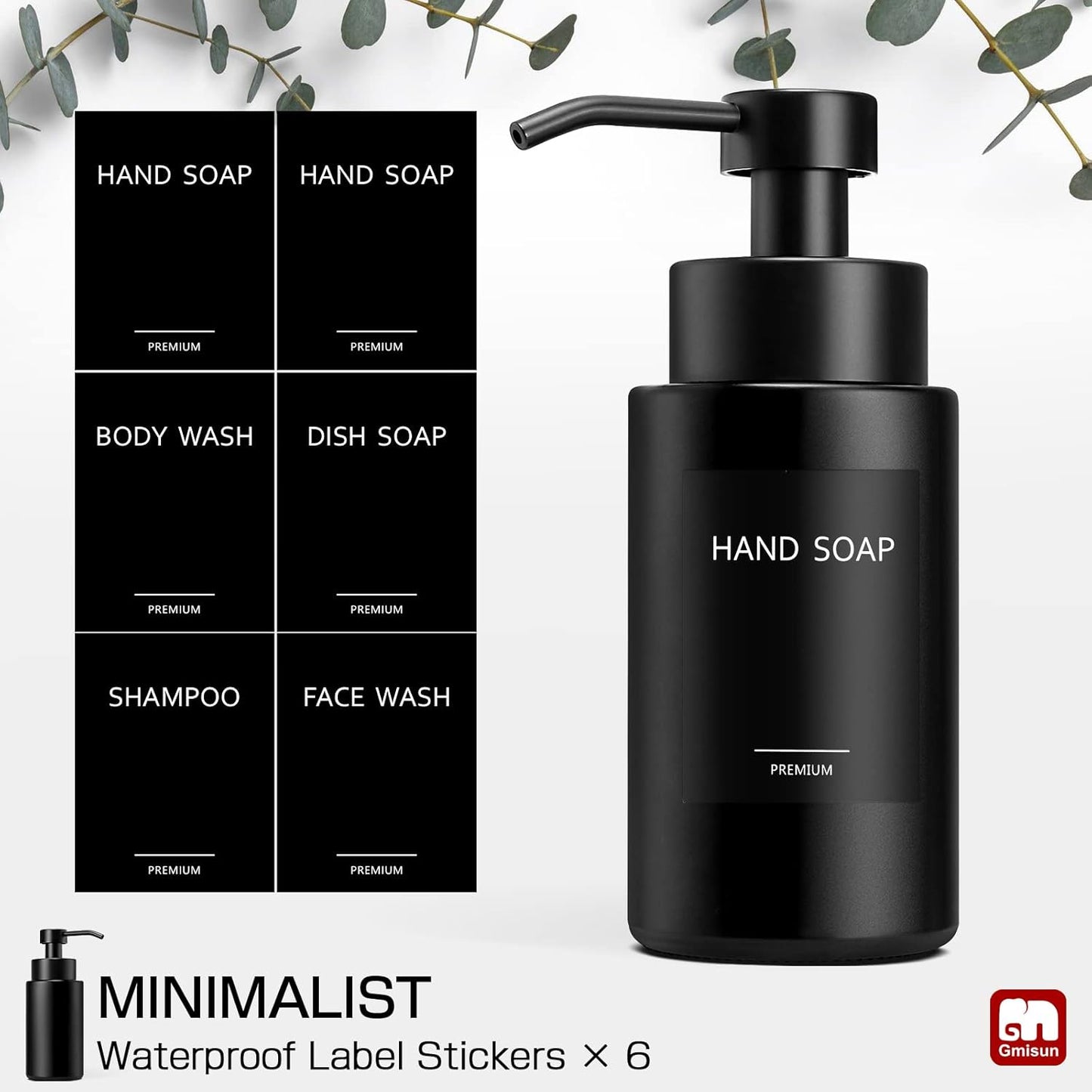 GMISUN Foaming Soap Dispenser, 10 Fl oz/300 ml Matte Black Glass Foaming Hand Soap Dispenser, 2Pcs Hand Soap Dispensers for Bathroom & Kitchen, Refillable Foam Soap Pump Bottle with Waterproof Labels