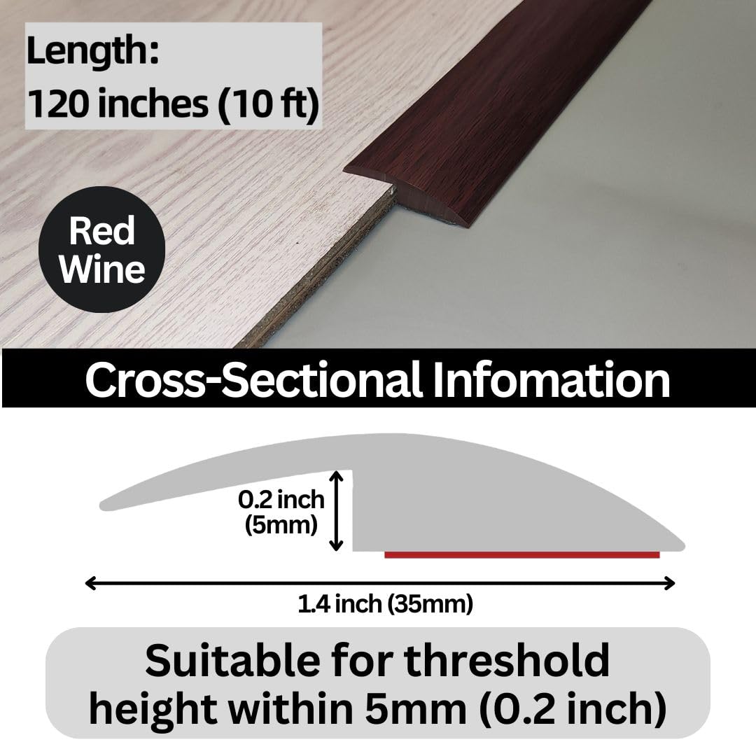 Floor Transition Strip Self Adhesive Carpet Wood Tile Vinyl Flooring Laminate Transition Cover Edge Trim Gap Doorway Threshold for Uneven Floors Heights Within 5 mm (120 inches, Red Wine)