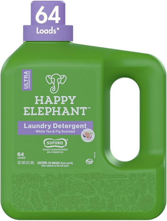 Happy Elephant Laundry Detergent, White Tea & Fig Scent, Ultra Concentrated Washing Machine Laundry Soap, Plant Based, Stain Remover, Gentle on Sensitive Skin, HE Compatible, 64 Loads, 64 Fl Oz