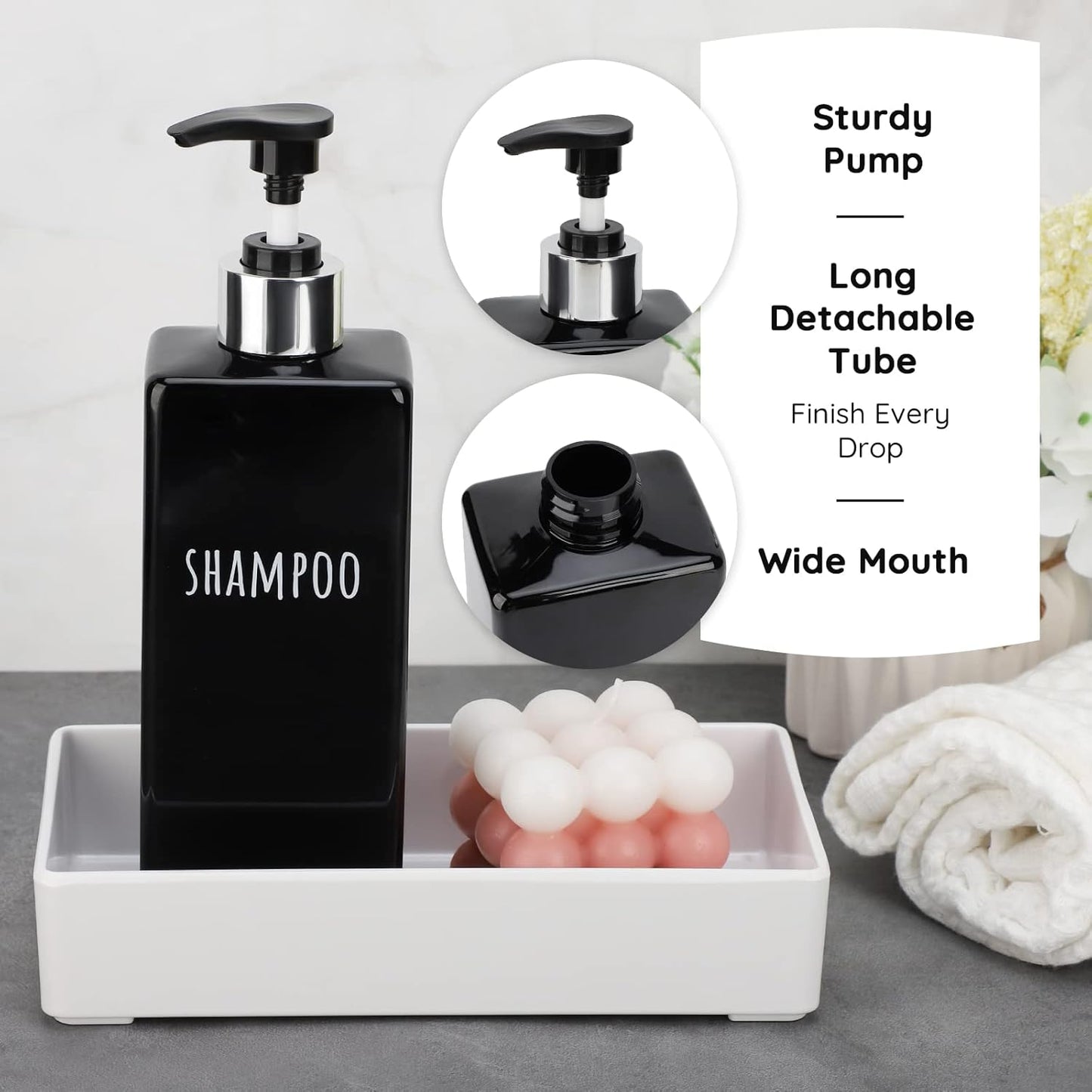 Segbeauty Shower Soap Dispenser Black, 3pcs 16.9oz Empty Refillable Bathroom Press Pump Bottles, 500ml Reusable Plastic Square Shampoo Conditioner Body Soap Dispenser Set for Modern Kitchen Home Decor