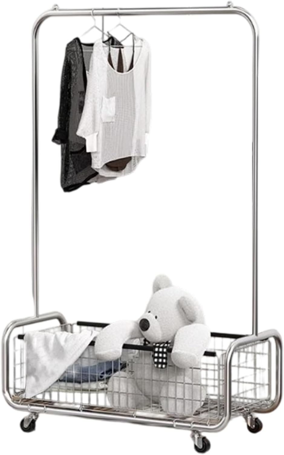 Garment Rack With Storage Baskets,Clothing Rack for Hanging Clothes, Multi-functional Bedroom Clothes Rack with Wheels for Bedroom, Living Room, Easy Assembly (24inch length)