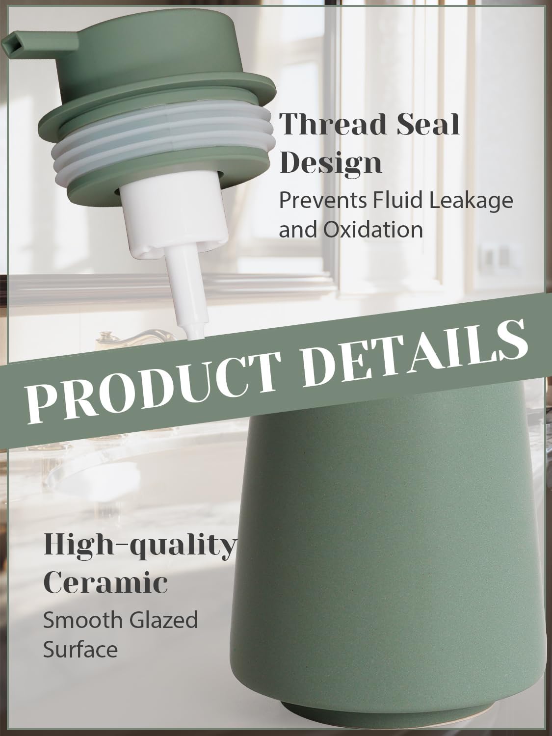 INGOFIN Ceramic Foaming Soap Dispenser -14 oz Foam Hand Soap Dispenser Bathroom Modern Refillable Dish Wash Bottle for Kitchen with Large Pump Matte Green