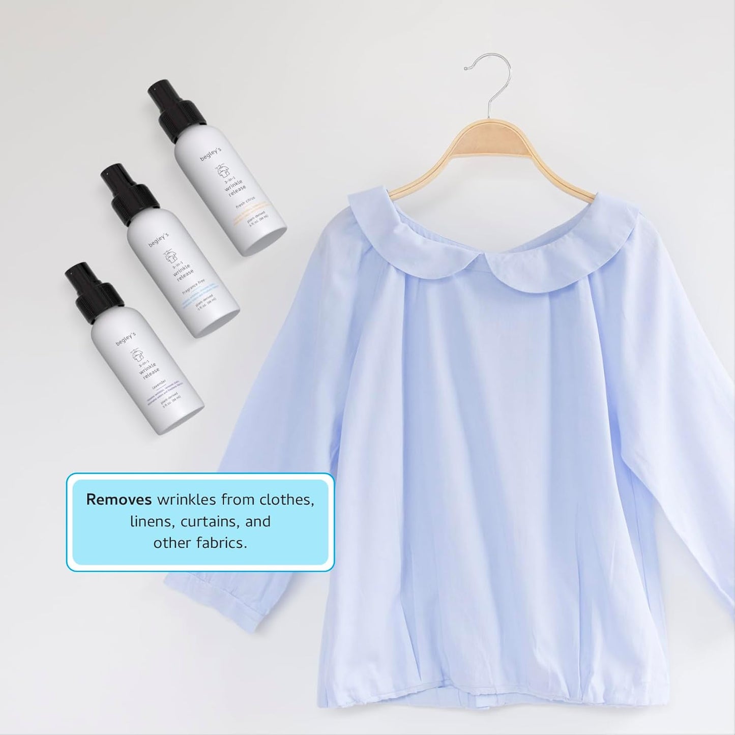 Begley's 3-in-1 Wrinkle Remover, Quick Fix Wrinkle Release, Static Cling Remover, Odor Eliminator and Fabric Refresher Spray - USDA Certified Biobased - Fragrance-Free, 3 oz Travel Size