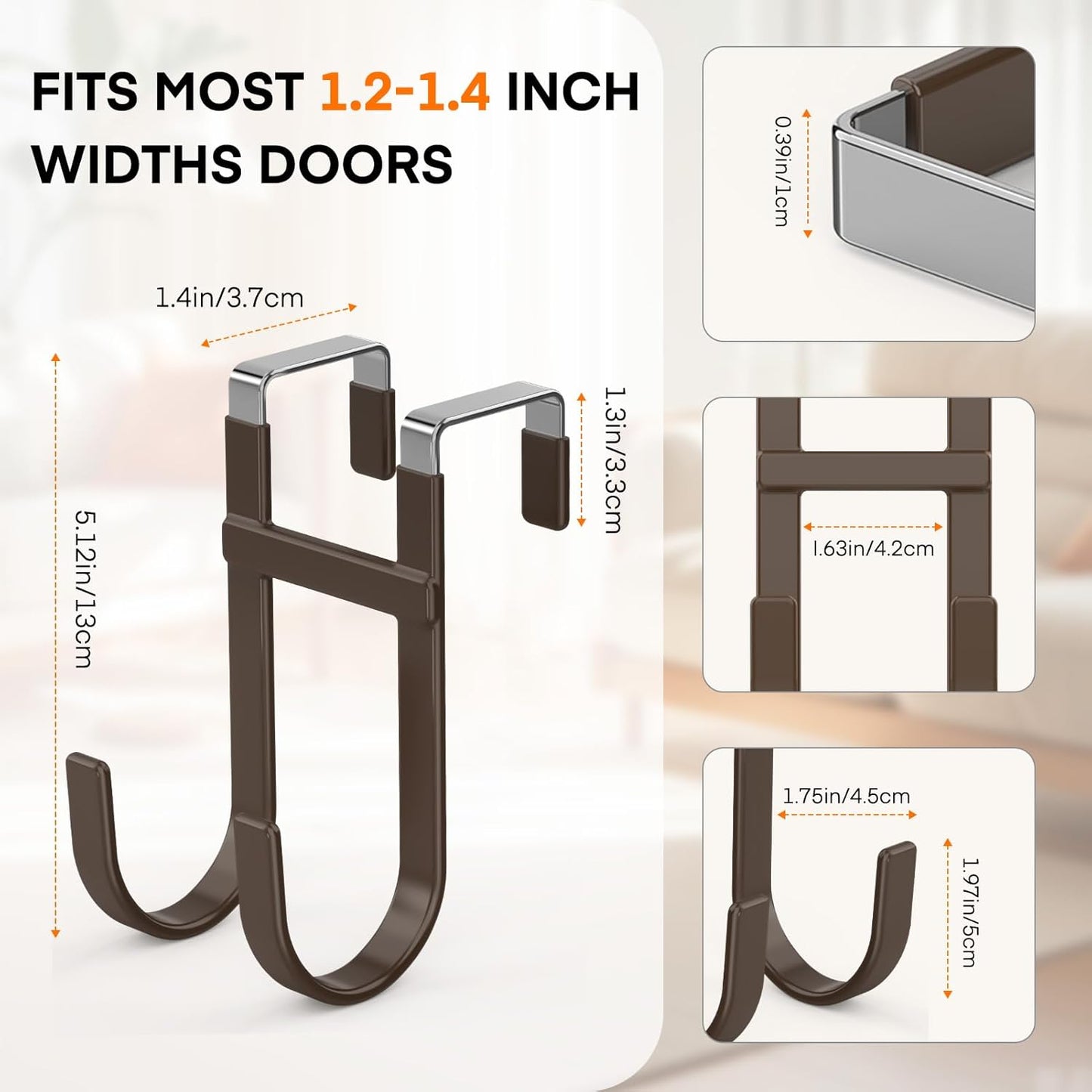 FYY Over The Door Hooks - 2 Pack Heavy Duty Dual-Hook Organizer Hanger with Non-Slip Rubber for Towels, Clothes, Hats & Bags Use in Bathroom, Bedroom, Kitchen - Fits Interior Doors Up to 1 3/8" Brown