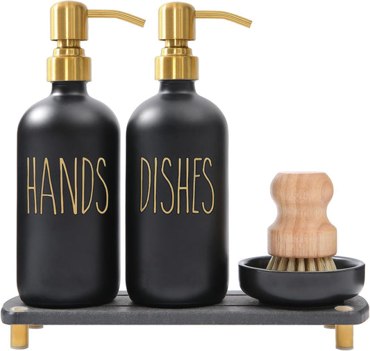 MOMEEMO Soap Dispenser Set Comes with Stainless Pumps, Instant Dry Tray, and Dish Scrub Brush, Suitable for Black and Gold Kitchen Decor. (Black & Gold)