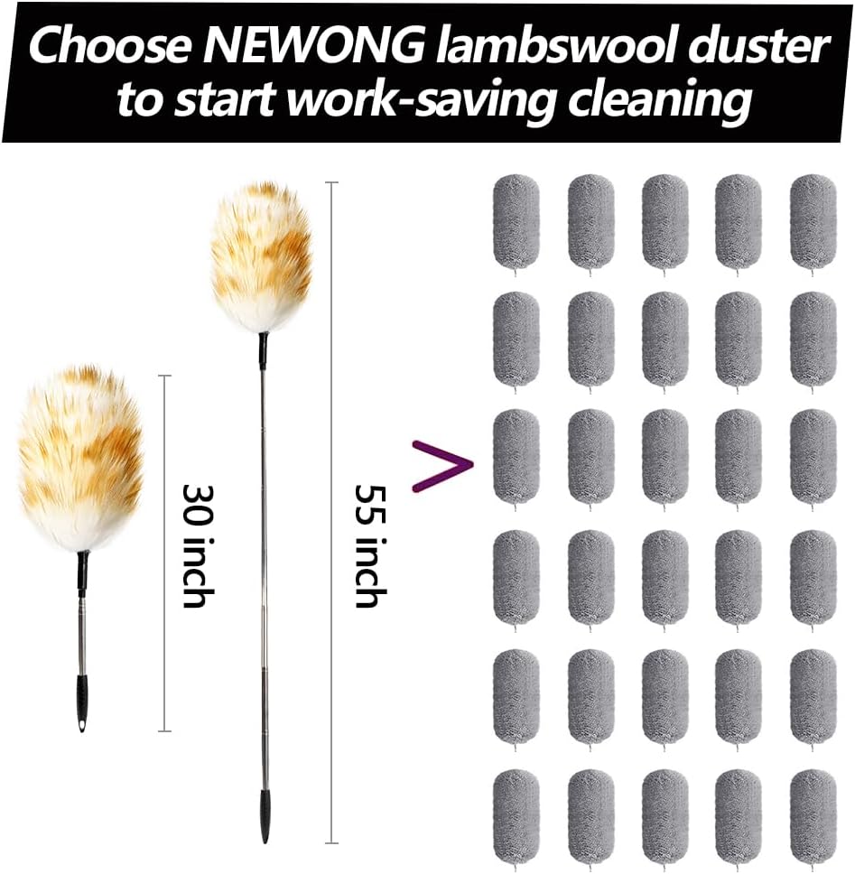 Extendable Lambswool Duster 30-55inch with Aluminium Alloy Handle, Natural Long Feather Duster for Cleaning Fans, Ceiling, Bookshelevs, for Home&Office